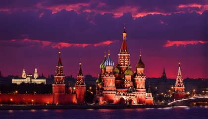 Silhouette of the Moscow skyline with st basils cathedral glowing under a bright red and dark, AI Generated