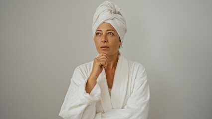 Woman contemplating isolated over white background wearing robe and towel