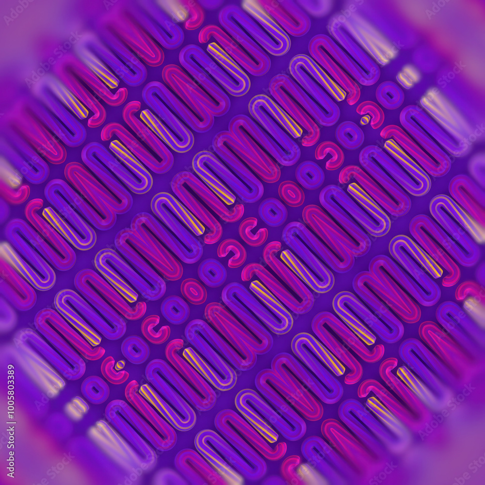 Fototapete Digital illustration with a repeating snake-like pattern of figures in yellow and purple colors. 3d rendering