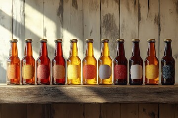  Row of assorted beer bottles on rustic wooden shelf, each with unique colorful labels, warm afternoon light filters through window highlighting their amber hues.