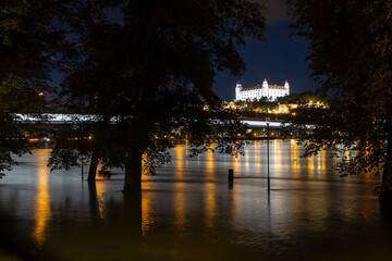 Bratislava during the night, arround the Danube river and flood water