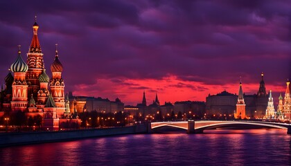 Silhouette of the Moscow skyline with st basils cathedral glowing under a bright red and dark, AI Generated