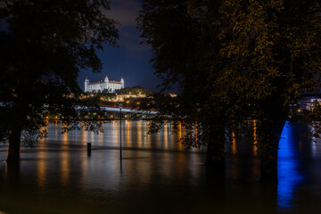 Fototapeta premium Bratislava during the night, arround the Danube river and flood water