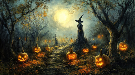 Fototapeta premium spooky Halloween scene featuring witch scarecrow surrounded by glowing jack o lanterns in dark, eerie forest. atmosphere is filled with autumn leaves and haunting moonlight
