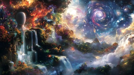 Dreamlike ethereal landscape with cascading waterfalls glimmering celestial bodies and a faceless figure in contemplation