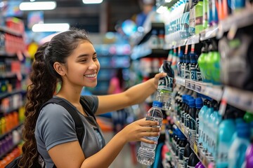 Young woman is smiling while choosing a refreshing beverage from the beverage aisle of a supermarket