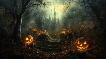 Naklejka premium spooky Halloween scene featuring glowing jack o lanterns along misty path leading to haunted castle. eerie atmosphere evokes feelings of mystery and excitement