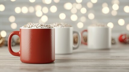 Obraz premium Festive mugs with hot chocolate on a blurred background of soft lights.