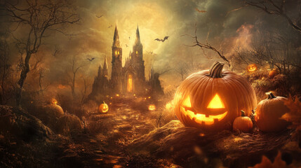 Naklejka premium spooky Halloween scene featuring haunted castle surrounded by eerie trees and glowing jack o lanterns. atmosphere is filled with bats and haunting moonlight, creating thrilling ambiance