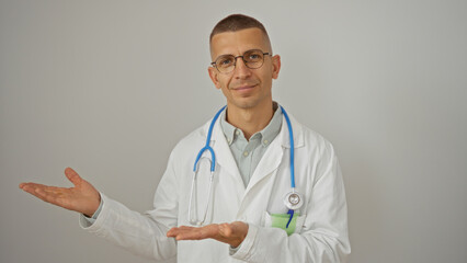 Doctor presenting with open arms in white coat and stethoscope against white background