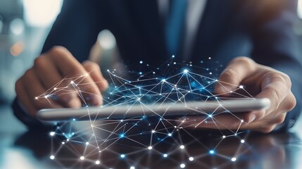 Person Using Tablet with Holographic Network Visualization