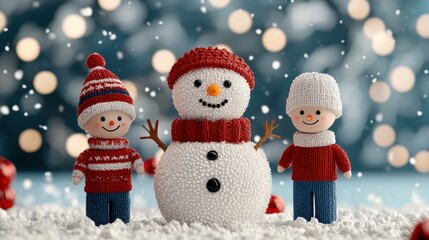 Frosty snowman with two cheerful toy figures in a winter wonderland setting.