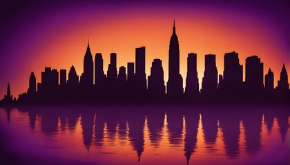 Fototapeta premium Silhouette of the New York City skyline with a sunset orange and deep purple background, Ai Generated