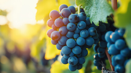 Grapes hanging on a vine in sunlight