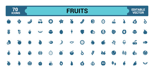 Fruit solid icons set. Glyph icon collection for web and ui. Filled icon pack, Fruits icon set. Vector illustration.
