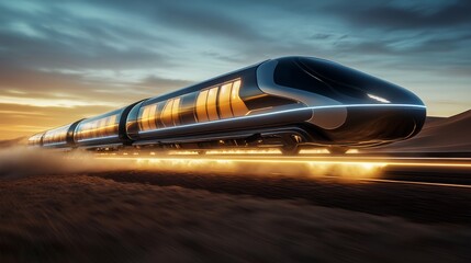 Obraz premium Futuristic Train Speeding Through Desert at Sunset.
