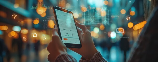 Close-up view of hands using a mobile device with digital graphs and data overlays in a futuristic setting