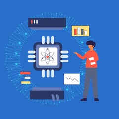 A modern illustration of quantum computing technology, highlighting data analysis and computation. A character interacts with advanced data analytics tools around a central quantum processor.