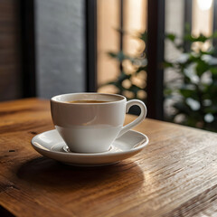 Fototapeta premium Minimalist Coffee Cup and Saucer on Wooden Table