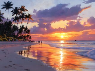 Dramatic sunset illuminating a tropical beach with swaying palm trees bold colors of the sky reflected in the calm waters