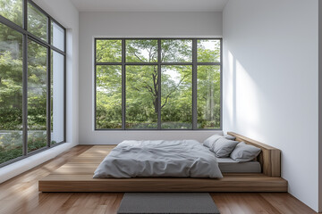 Minimalist hotel bedroom interior with large floor-to-ceiling windows and wooden platform bed. Natural light entering through the windows, overlooking lush green trees. Modern interior design