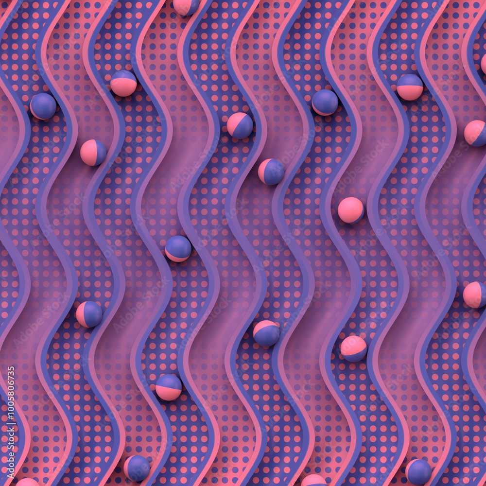 Poster colorful background with small balls rolling on a meandering path. 3d rendering digital illustration