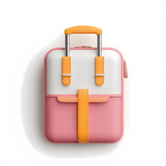 A pink and orange suitcase with a yellow strap. The suitcase is on a white background. The suitcase is a cartoonish representation of a real suitcase