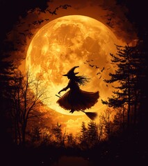 Fototapeta premium halloween night scene with witch flying under a full moon, digital greeting card