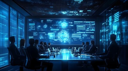 Futuristic executive team analyzes data and strategizes using cutting edge holographic tools and displays in an ultra modern minimalist conference room setting
