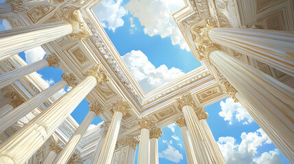 Fototapeta premium A low angle view of an ancient Greek temple with white marble columns against a bright blue sky with fluffy white clouds.