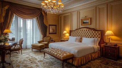 Fototapeta premium Elegance meets comfort in this luxury hotel suite, where sophisticated decor sets the tone.