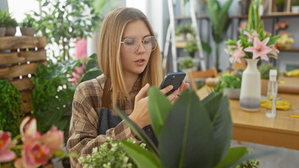 Obraz premium Young woman using smartphone surrounded by plants in a cozy flower shop