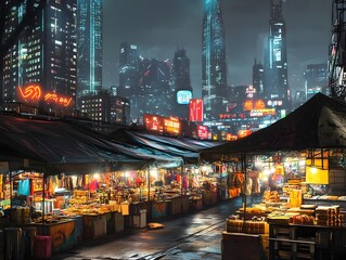 Fototapeta premium Immersive digital painting depicting a lively night market with rows of vibrant stalls selling handmade crafts and fragrant street food dazzling neon signs