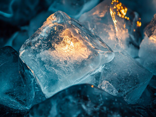 Obraz premium A blue ice cube with a yellow light shining on it. The ice cube is surrounded by other ice cubes, creating a cool and refreshing atmosphere