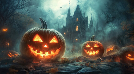 Naklejka premium Spooky Halloween scene featuring glowing jack o lanterns in front of haunted castle, surrounded by mist and autumn leaves, creating eerie atmosphere