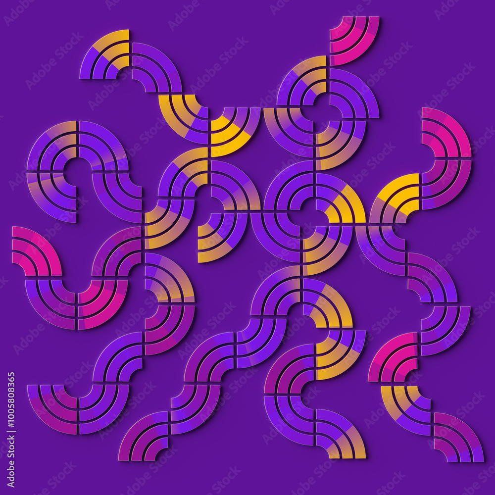 Fototapete Digital illustration of a repeating geometric pattern composed of interlocking abstract shapes. 3d rendering