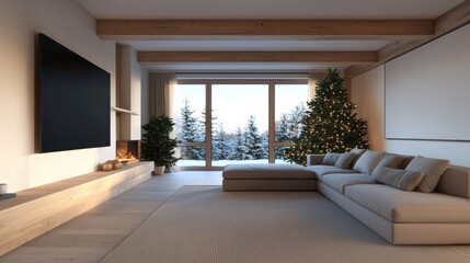 Modern living room with a cozy atmosphere, featuring a Christmas tree and large windows.