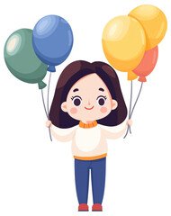 A cheerful girl holds colorful balloons outdoors during a sunny day isolated on transparent background.