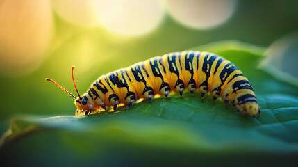 Naklejka premium Close-up of a Caterpillar standing on a green leaf with blurred background 