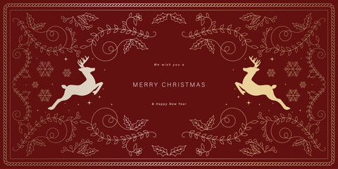 Luxury Christmas and Happy new year background folk design vector. Elegant holly leaves branch, reindeer, snowflake, flower on red background. Design for wallpaper, banner, cover, website. © babeer