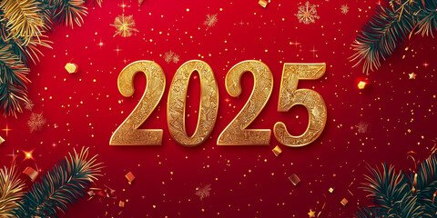 Happy New Year greeting card with golden numbers 2025 on red background	