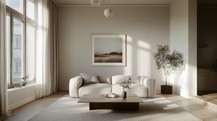Fototapeta premium A serene living room with natural light, minimalist furniture, and calming decor.