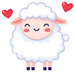 Obraz premium Cute cartoon sheep with a smiling face and hearts, embodying joy and playfulness isolated on transparent background.