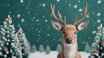 Reindeer in the snow with evergreen trees, winter wonderland scene.