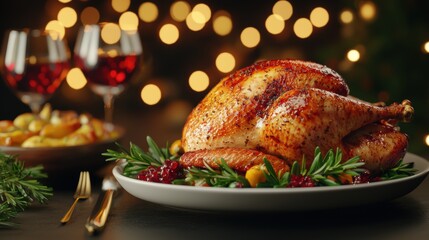 Roasted turkey on a festive table with wine and holiday decorations.