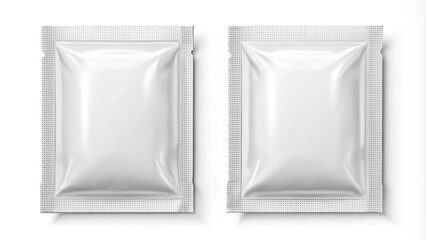 This mockup set includes versatile blank white sachet packets suitable for food, medical, or cosmetic packaging design,