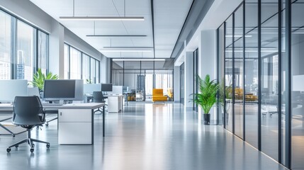Obraz premium Modern office interior with desks, computers, and plants, emphasizing a professional workspace.