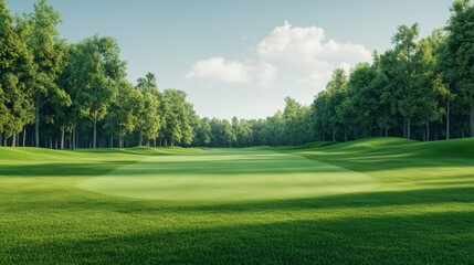 Scenic golf course landscape with lush green grass and trees under a clear sky