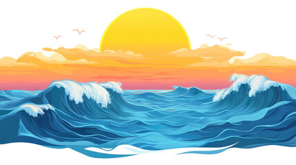 sunset over calm ocean waves on transparent background