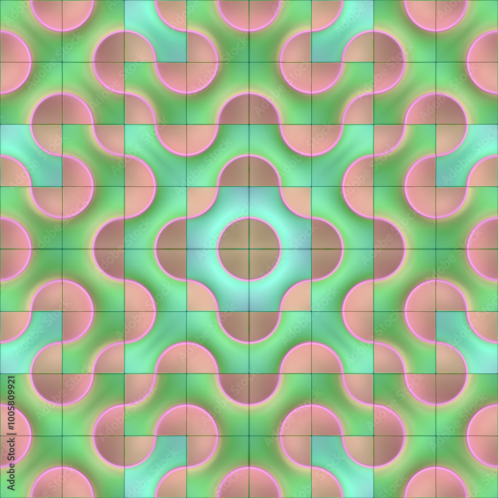 Aufkleber Abstract pattern of colorful tiles arranged in a strict grid of wavy lines and circles. 3d rendering illustration